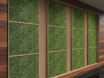 Green Moss Feature Wall With Wooden Strips For Modern Interior Design 3d model