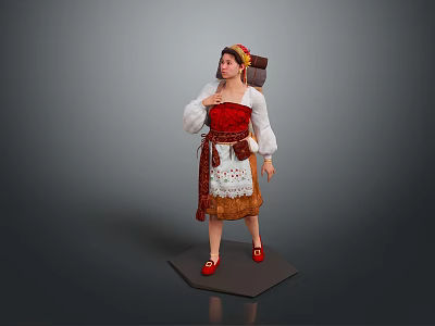 Woman Wearing Traditional Red And White Costume With Embroidered Skirt Headscarf And Red Shoes 3d model
