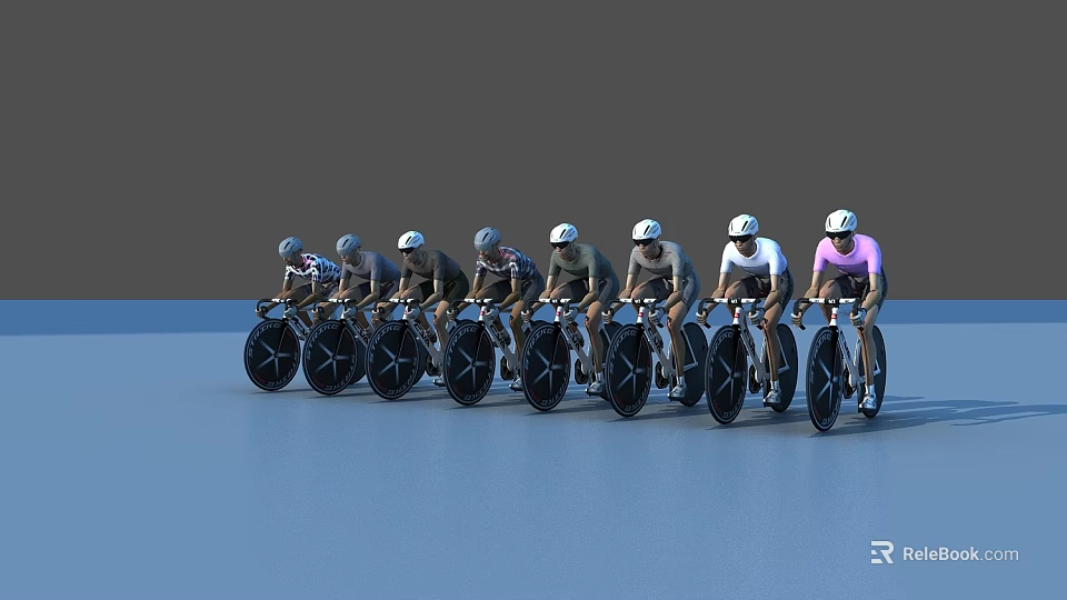 Professional Cyclists Riding Racing Bicycles With Helmets In Line Formation 3d model 