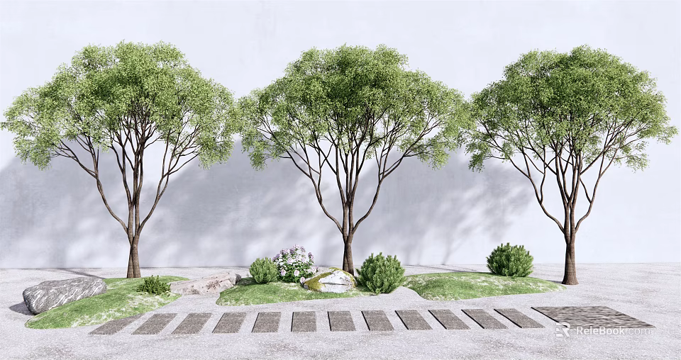 Lush Arbor Trees With White Wall Stone Pathway Small Shrubs And Grass 3d model 