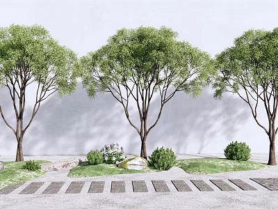 Lush Arbor Trees With White Wall Stone Pathway Small Shrubs And Grass 3d model