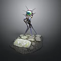 Mechanical Sci Fi Creature With Spiked Head Long Legs On Stone Base And Ancient Inscriptions 3d model