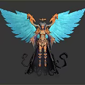 Woman With Blue Wings And Ornate Orange Gold Outfit Standing Majestically