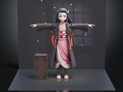 Traditional Kimono Girl Character With Floating Stars And Small Creature Figure 3d model