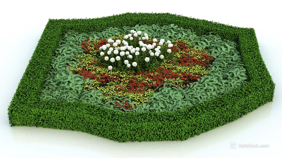 Green Shrub Border In Octagonal Shape With White Red Yellow Flowers In Center 3d model 