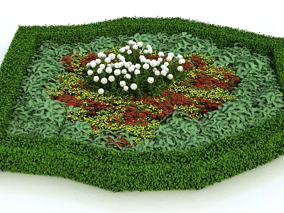Green Shrub Border In Octagonal Shape With White Red Yellow Flowers In Center 3d model