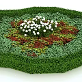 Green Shrub Border In Octagonal Shape With White Red Yellow Flowers In Center