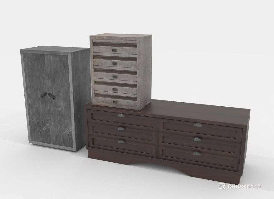 Gray Wooden Cabinet And Dark Brown Drawer Chests With Multiple Storage Drawers 3d model 