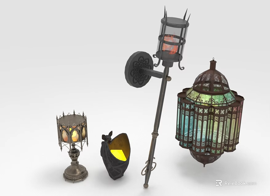 Classic Iron Frame Lighting Fixture Set With Colored Glass Lantern Table Wall And Pendant Lamps 3d model 