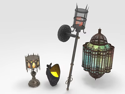 Classic Iron Frame Lighting Fixture Set With Colored Glass Lantern Table Wall And Pendant Lamps 3d model