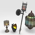 Classic Iron Frame Lighting Fixture Set With Colored Glass Lantern Table Wall And Pendant Lamps