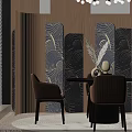 Modern Black Round Dining Table With Brown Chairs And Decorative Items On Rug 3d model