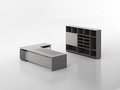Modern Office Desk With Storage Drawers And Adjacent Bookshelf Unit 3d model