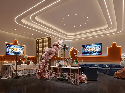 Modern KTV Lounge With Two Large Screen TVs Pink Balloon Arch And Ceiling Light Strips 3d model