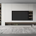 Modern Minimalist TV Wall with White Cabinetry Built in TV LED Strip Lighting Open Shelves