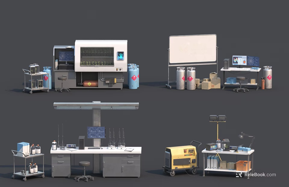 Modern Industrial Equipment For Laboratory With Workbench Instruments And Trolley 3d model 