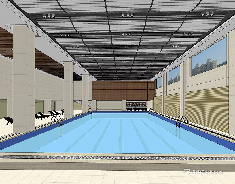 Indoor Swimming Pool With Modern Ceiling Structure Columns Light Colored Walls And Lounge Chairs 3d model 
