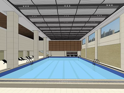 Indoor Swimming Pool With Modern Ceiling Structure Columns Light Colored Walls And Lounge Chairs 3d model