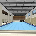 Indoor Swimming Pool With Modern Ceiling Structure Columns Light Colored Walls And Lounge Chairs