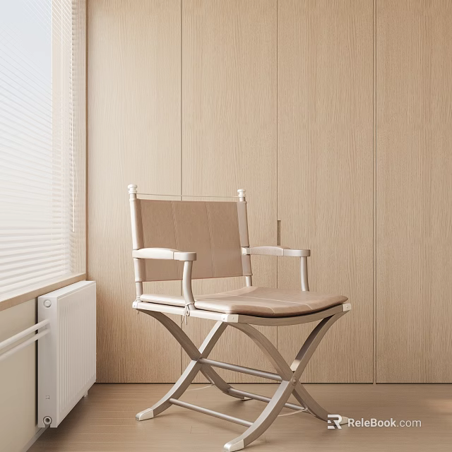 Modern Leisure Chair With Metal Frame And Beige Cushion By Beige Wooden Wall With Blinds 3d model 