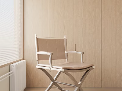 Modern Leisure Chair With Metal Frame And Beige Cushion By Beige Wooden Wall With Blinds 3d model