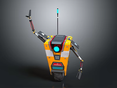 Yellow Mechanical Robot With Mechanical Arm Antenna And Blue Light Circular Eye 3d model