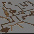 Wooden Road Facilities With Integrated Walkways Platforms And Pavilion Structure Layout 3d model
