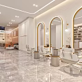 Modern Hair Salon Interior With Arched Mirrors White Chairs And Marble Flooring