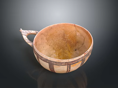 Rustic Handcrafted Ceramic Bowl With Handle And Brown White Patterned Design 3d model
