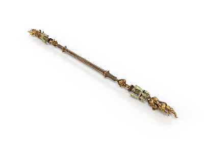Intricately Carved Scepter With Golden Green Decorations And Animal Head Details 3d model