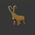 Low Poly Orange Goat Model With Curved Horns Against Gray Background And Shiny Reflection