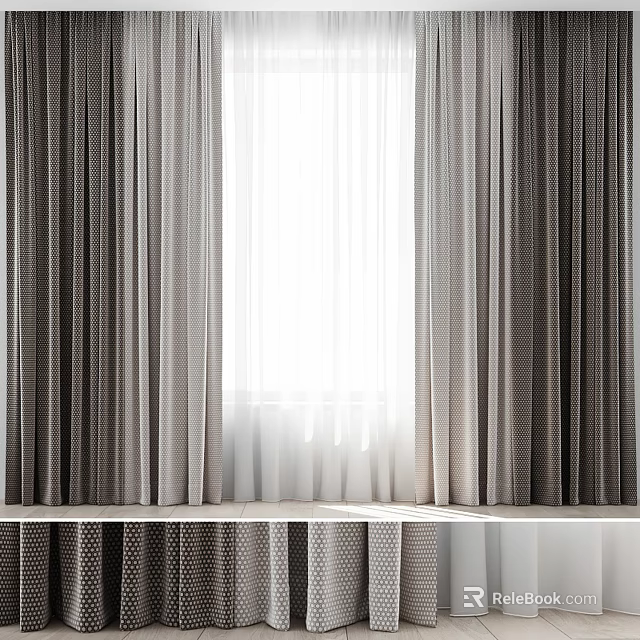 Double Layer Gray Textured Curtains With White Sheer For Modern Bedroom Window 3d model 