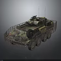 Camouflaged Six Wheeled Military Vehicle With Cage Armor Roof Mounted Machine Gun And Antennas