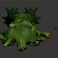 Adventurous Hat Wearing Character Standing Before Giant Green Cactus Creature With Red Flowers