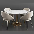 Elegant Modern Round Marble Dining Table Set With Light Gray Upholstered Chairs And Gold Legs