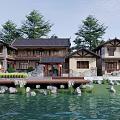Chinese Style Rural Self Built House With Traditional Roof Wooden Structure and Waterfront Surroundings