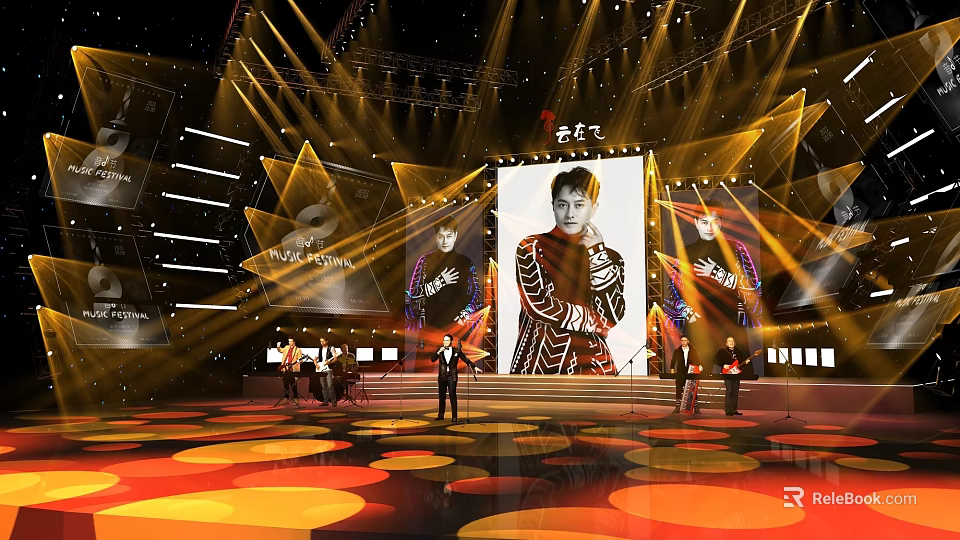 Stage Featuring Yellow Lighting Effects Large Screen Performer and Circular Floor Patterns 3d model