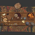 Wooden Dining Table With Food Platters Bottles And Decorative Items On Patterned Rug