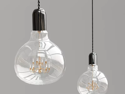Transparent Glass Bulb Shaped Pendant Lights with Golden Filament Details and Black Cord Design 3d model