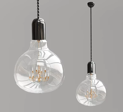 Transparent Glass Bulb Shaped Pendant Lights with Golden Filament Details and Black Cord Design 3d model