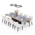 Elegant Dining Table Set With Marble Top White Chairs And Round Pendant Lights 3d model