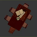 Red Dining Table Set with Six Red Chairs and Oil Lamp with Green Mat
