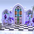 Art Installation Featuring Gothic Arches Stained Glass Windows Purple Flowers Sword On Checkerboard Floor