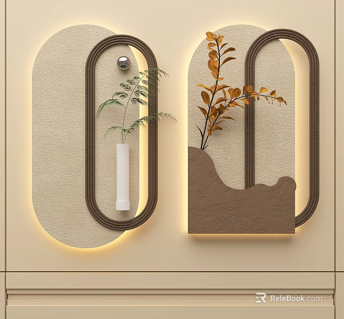 Elegant Modern Wall Decor With Green Plants And Warm Lighting Accents 3d model 