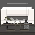 Serene Tea Room Interior With Wooden Table Bonsai Plant And Stone Decorations