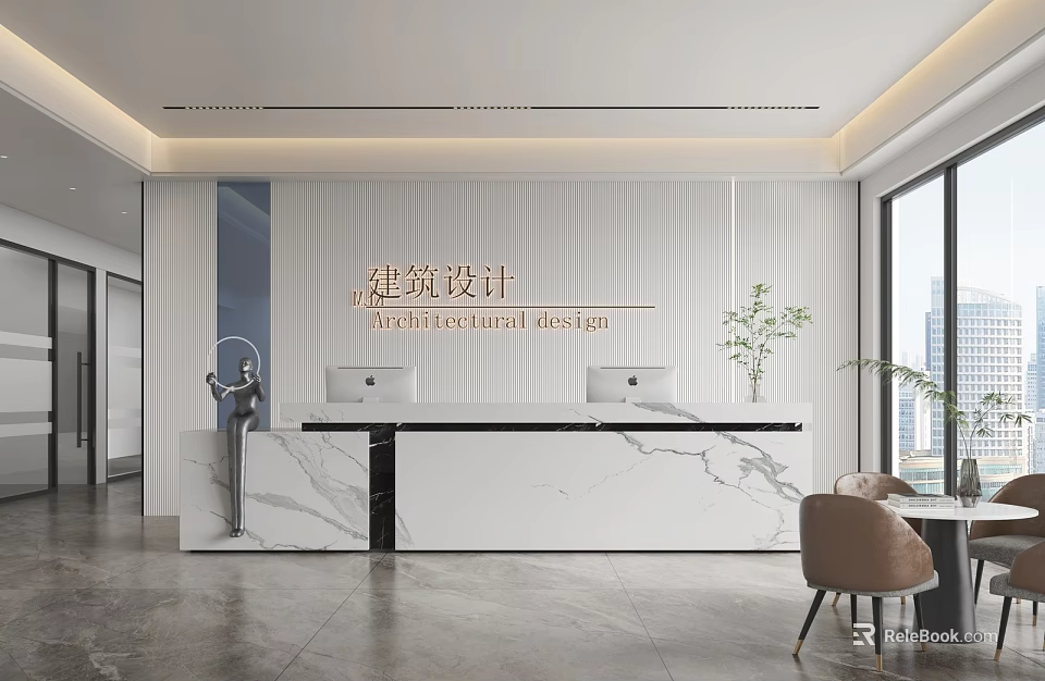 Modern Front Desk Area With Marble Counter Striped Wall Sculpture And Potted Plant 3d model 