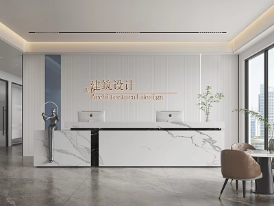 Modern Front Desk Area With Marble Counter Striped Wall Sculpture And Potted Plant 3d model