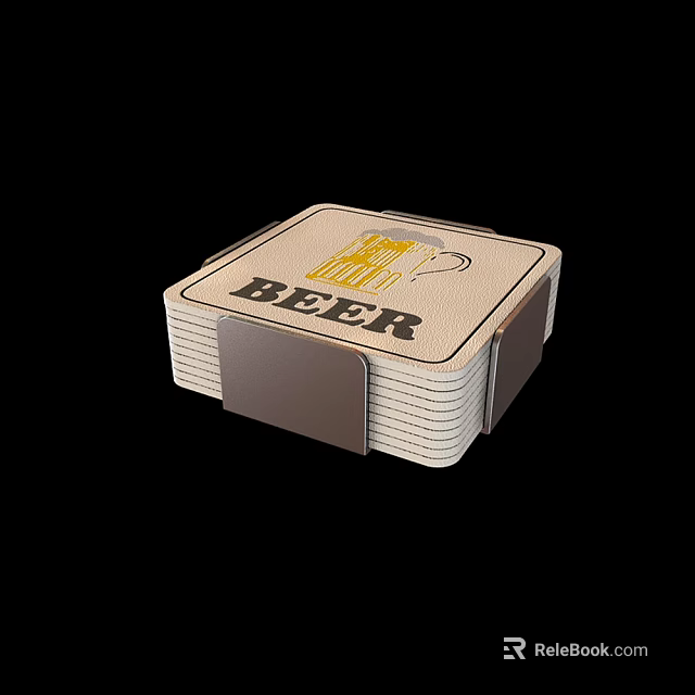 Beer Mug Design on Stacked Square Coasters with BEER Text and Brown Strap 3d model 