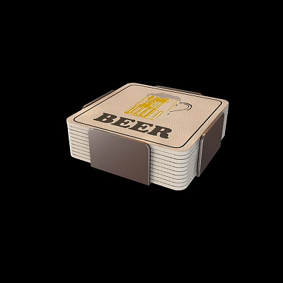 Beer Mug Design on Stacked Square Coasters with BEER Text and Brown Strap 3d model