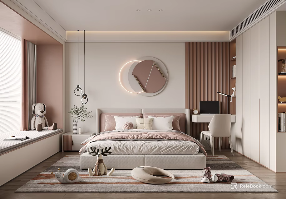 Cozy Kids Room Interior Design With Soft Rug Stuffed Toys Round Mirror And Pendant Lights 3d model 